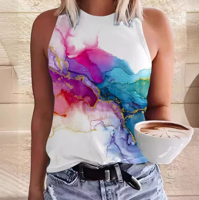 

2024 Women's Summer New Gilded Printed Sleeveless Top Fashion Versatile Round Neck Slimming Tank Top Slim Fit Top