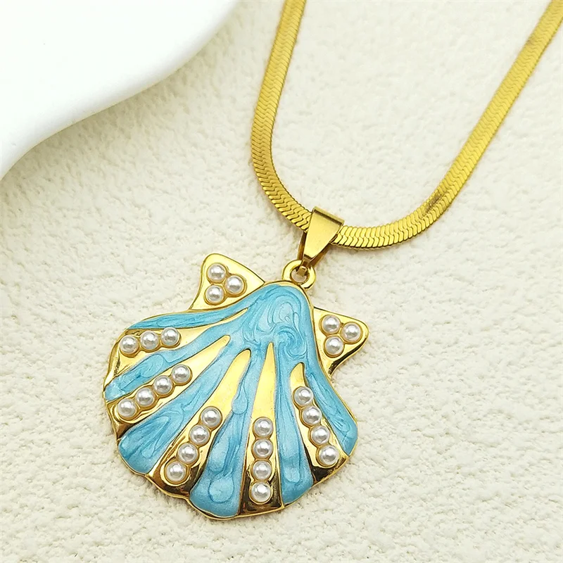 

Blue Sea Shell Imitation Pearls Pendant Necklace For Women Stainless Steel Gold Color Charm Summer Beach Snake Chain Jewelry