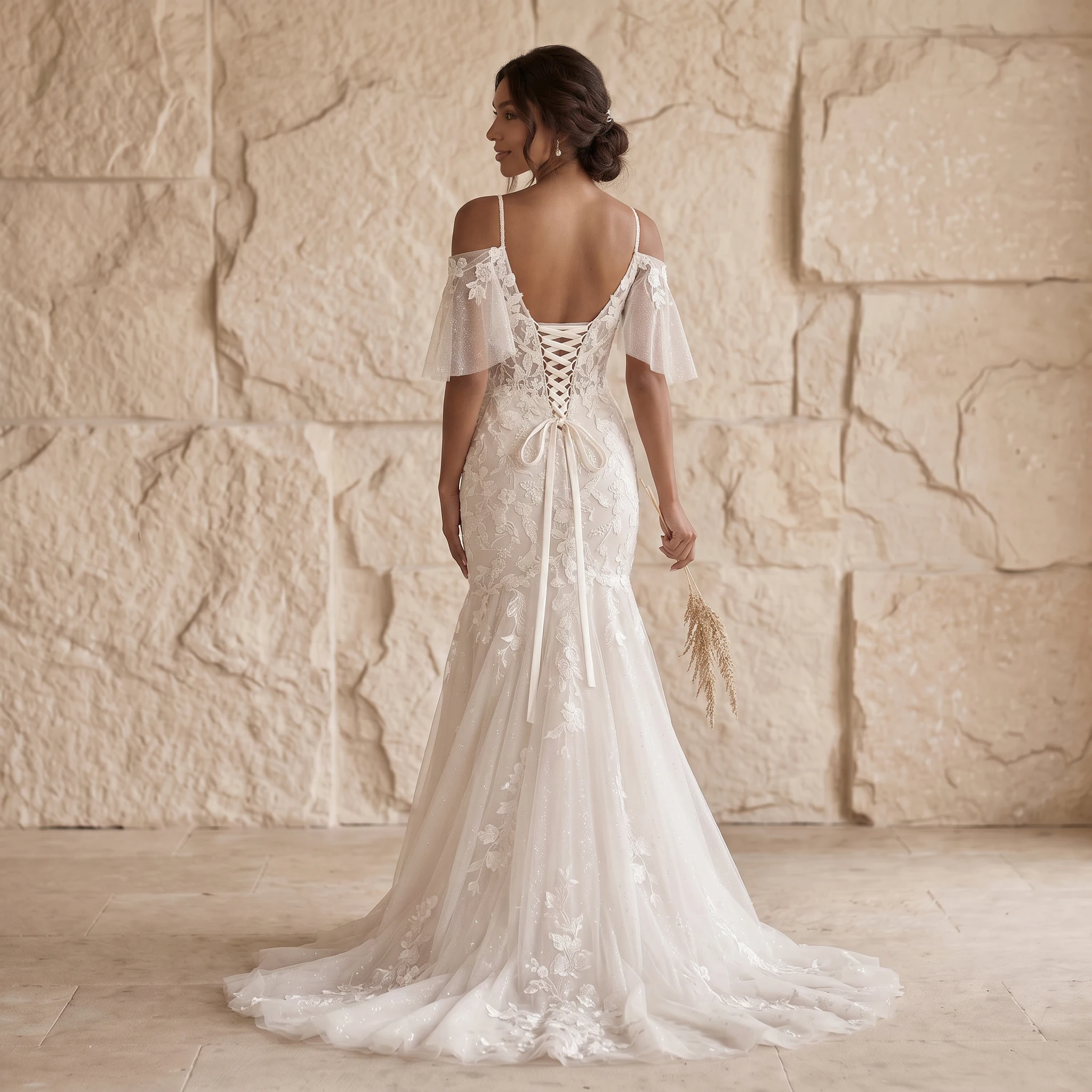 Off Shoulder Flutter Sleeve Mermaid Wedding Dress 3D Floral Lace Corset Lace Up Back Sparkle Tulle Chapel Train Bridal Gown