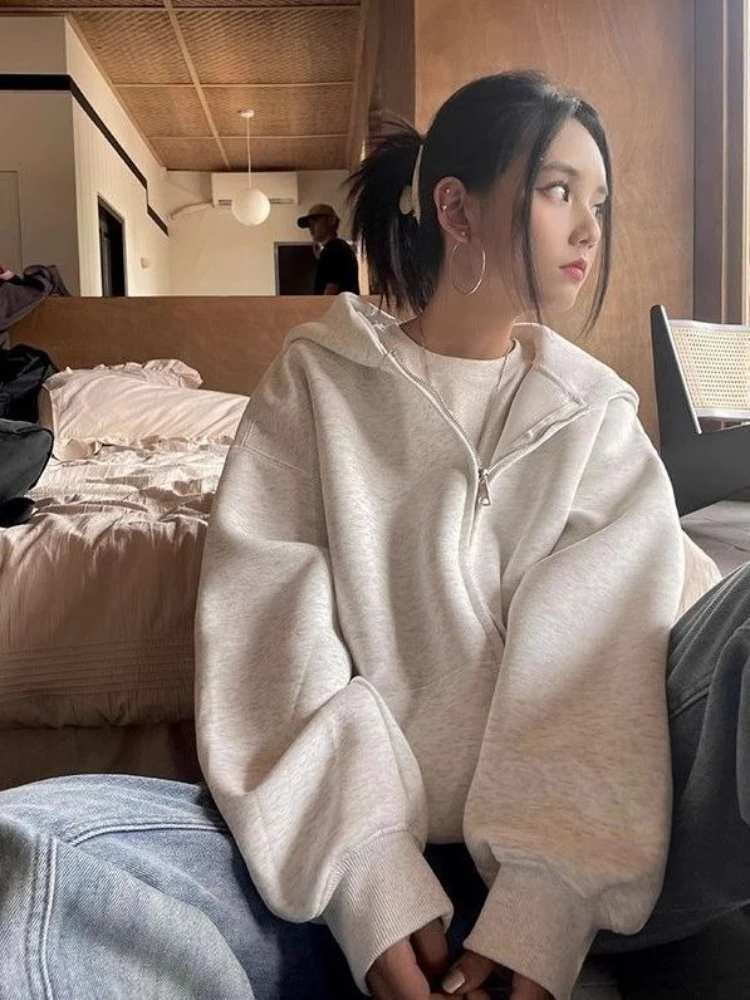 Women's Autumn Original US Vintage High Street Oversized Hooded Sweatshirt Lazy Style Zipper Coat Chic - view 2
