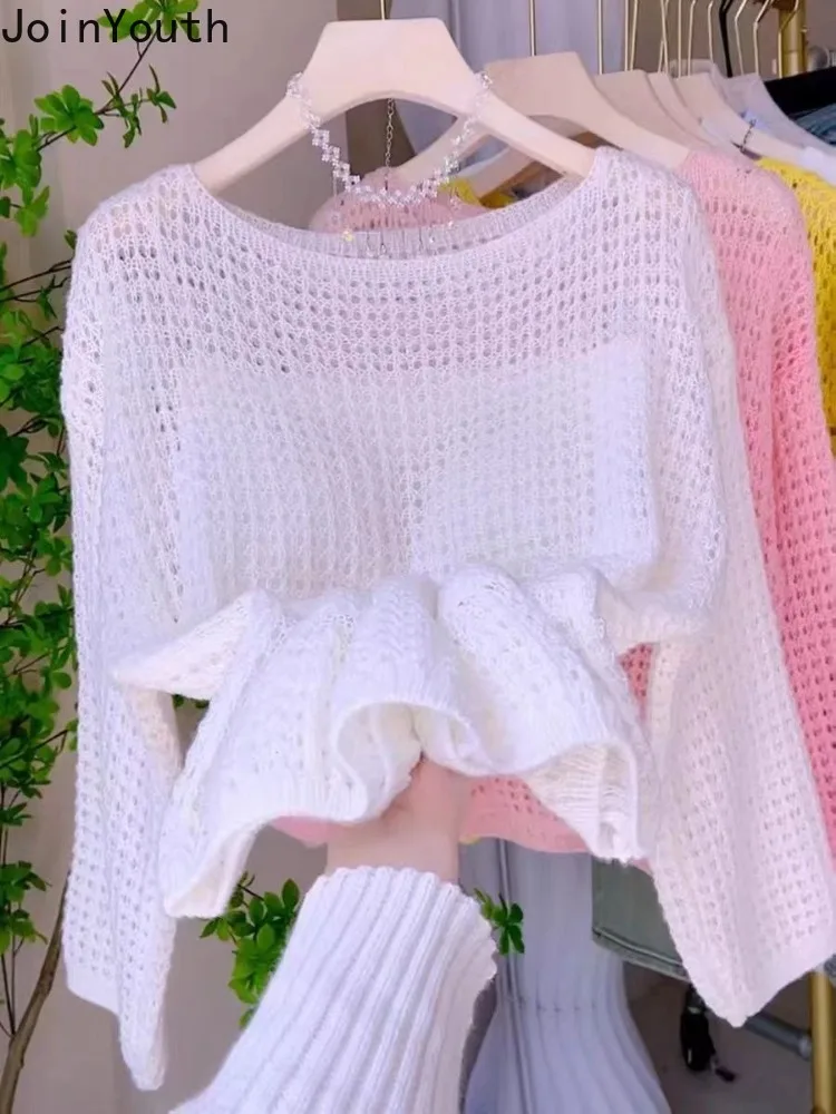 Jersey de manga larga con cuello redondo para Mujer, suéter corto de punto calado fino, Tops a la moda, 2024