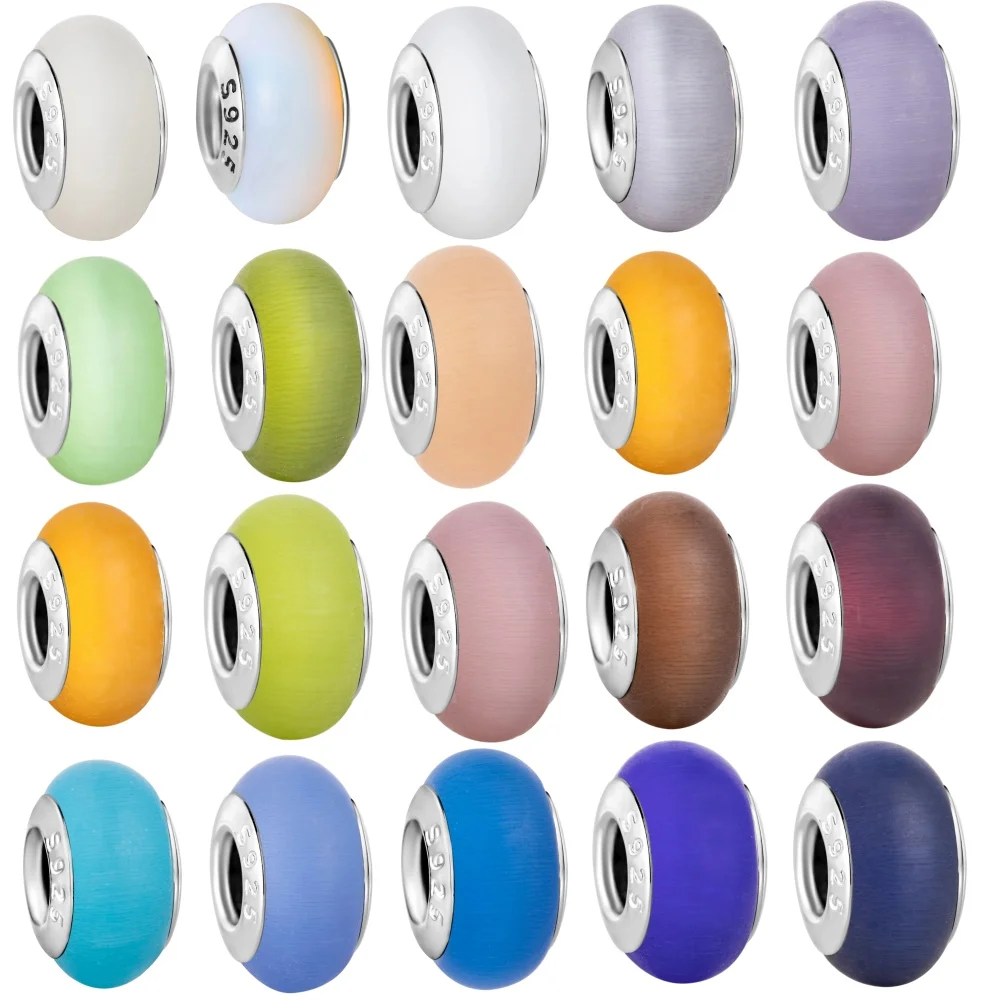 

New 925 Sterling Silver Colorful Murano Glass Charm Matte Cat Eyes Charm Bead for Original Bracelet Women Jewelry DIY Gift