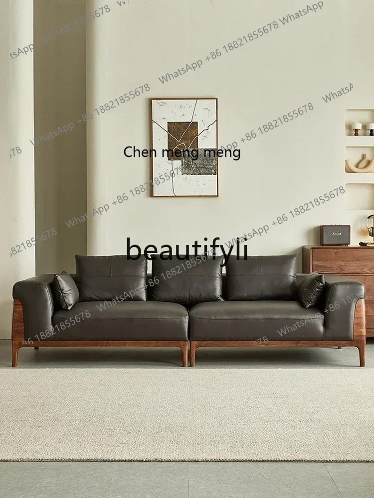 D178   North American black walnut sofa Nordic simple four-person leather sofa living room