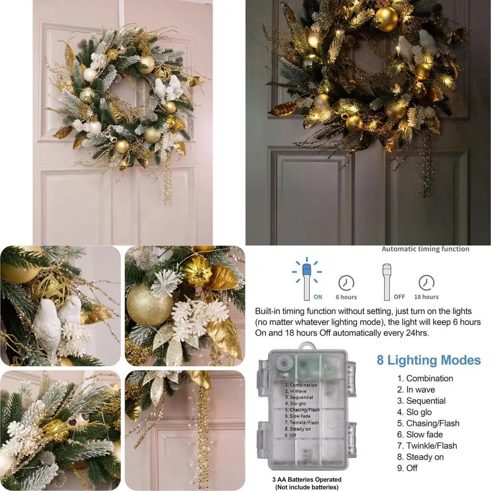 

28 Gold-Tone Christmas Wreath with Lovebirds, Pre-lit for Home Entrance or Porch, Perfect Holiday Decor