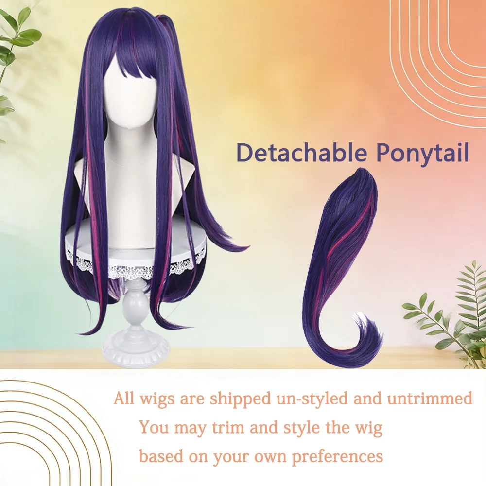 Oshi no Ko Ai Hoshino Cosplay Wig Long Straight With Bangs Purple Highlights Detachable Ponytail Heat Resistant Synthetic Wig