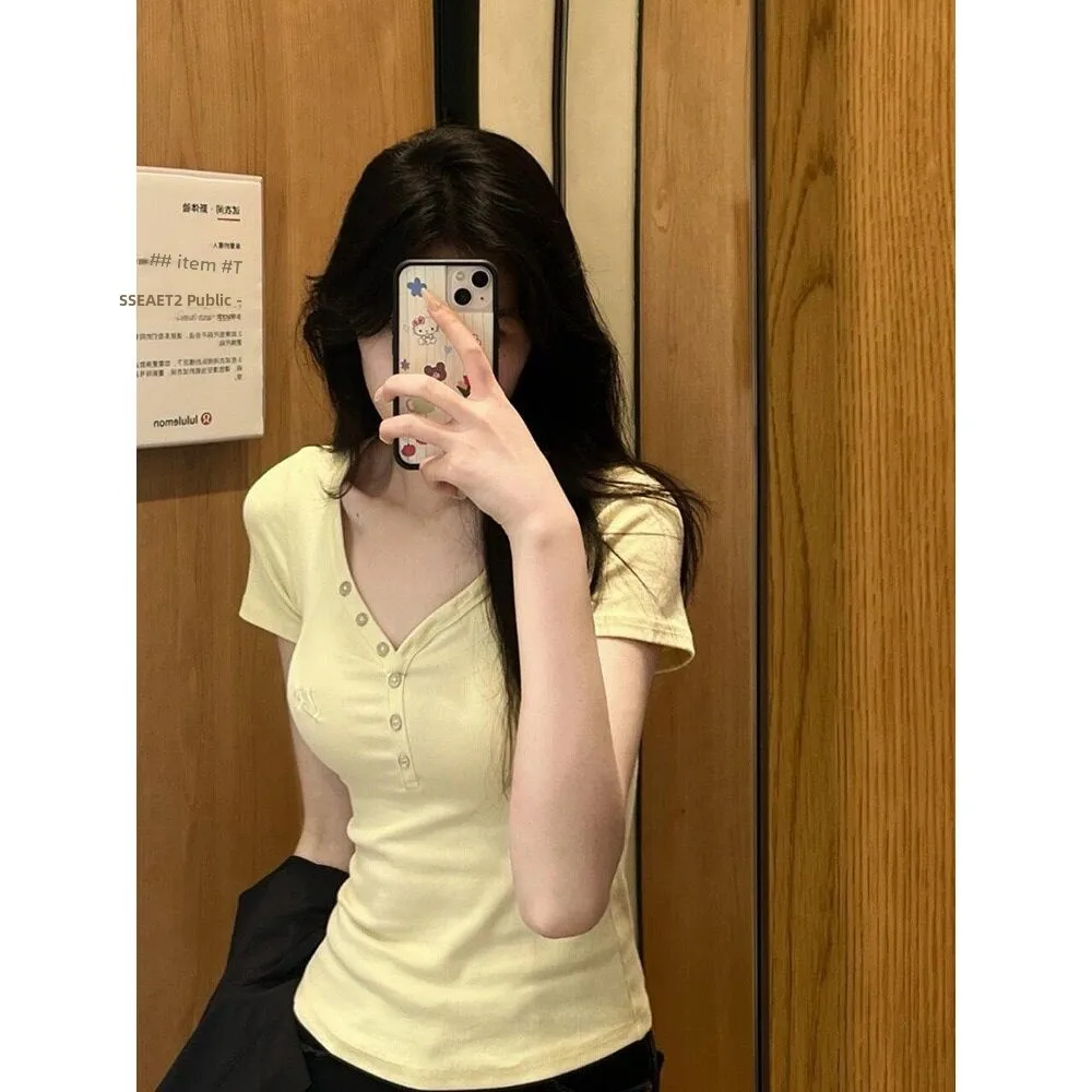 Korean Style Printed Button V-Neck Integrated Chest Pad Short Sleeve Slimming T-Shirt Pure Desire Casual Style Summer Top