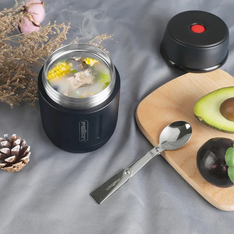 FEIJIAN 500ml Portable Vacuum Cup Food Thermos 316 Stainless Steel Simple Vacuum Insulated Food Jar with Spoon Kids Lunch Box