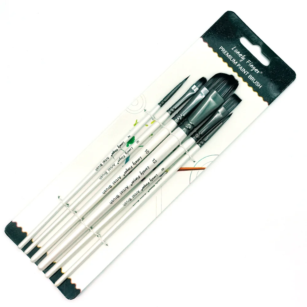 6Pcs Mixed Tip Paint Brush Set, Round Flat Angular Filbert Brushes with White Wooden Handle for Acrylic Watercolor Oil Painting