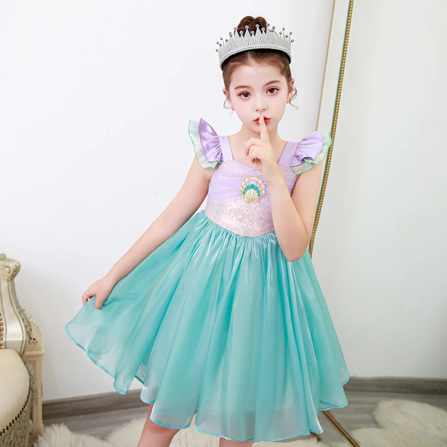 Children\'s Day Girls\' Mesh Sparkling Little Flying Sleeves Princess Dress Christmas School Party Mermaid Cosplay Dress