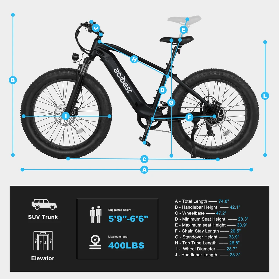ActBest Ranger Electric Bike for Adults, 26"×4.0" Fat Tire Electric Mountain Bike, Peak 1300W 48V 13Ah,  28MPH 65 Miles  Electric Bicycle, 7-Speed, with Free Bike Lock & Mirror image 8