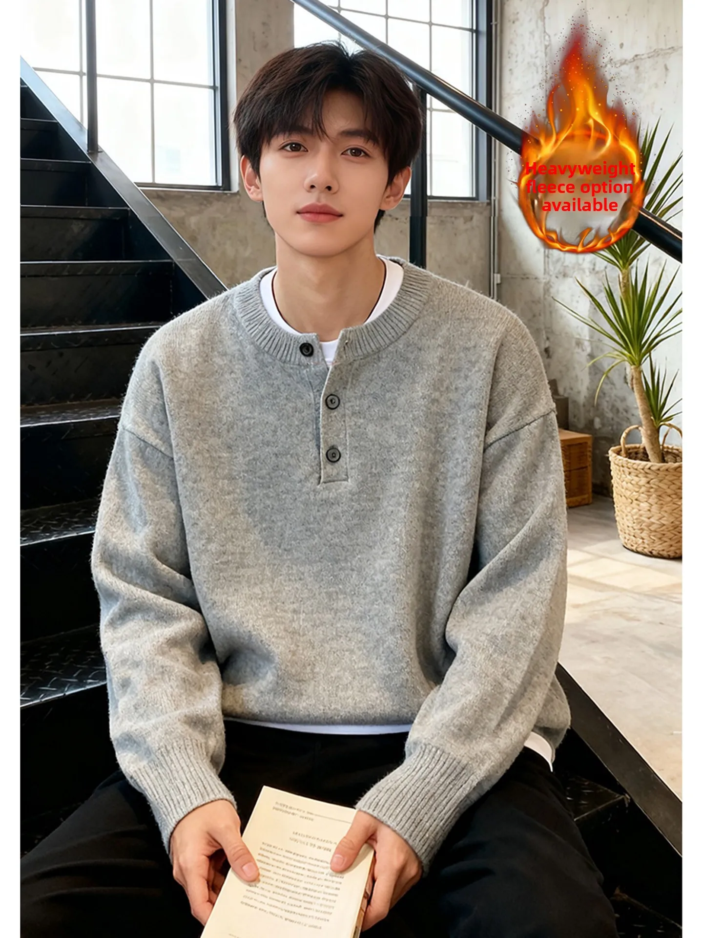 

Мужской флисовый свитер в американском стиле с воротником хенли, теплый, толстый, в стиле кэжуал, премиум-класса, для ношения под одеждой, зимний, повседневный