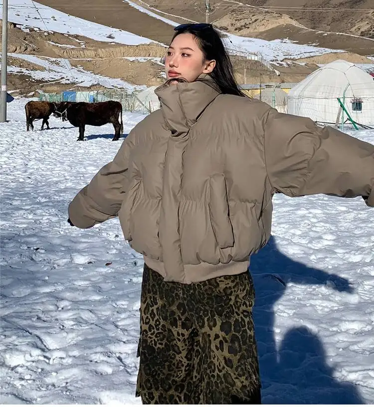 

Parkas Womens Vintage Autumn Adjustable Color-Blocking Down Bio-Cotton Double-Pocket A-Line Flap Contrasting Beige Baffled Solid