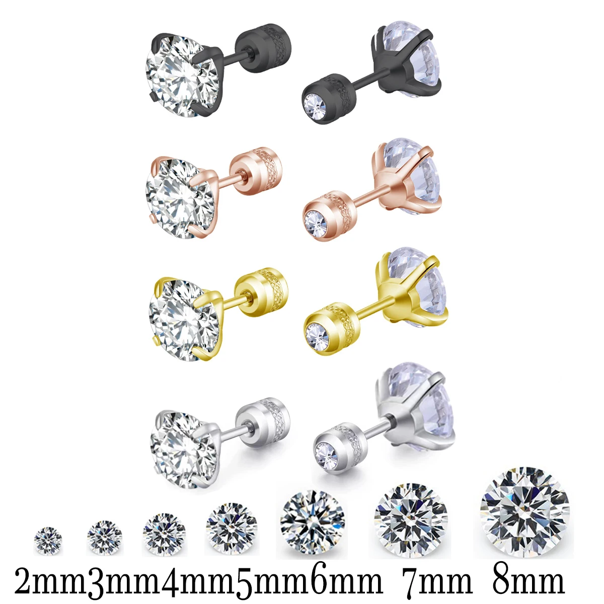 2pcs 20G Hypoallergenic Titanium Steel Stud Earrings for Men Women, Zircon Screw Back Earring Cartilage Tragus Ear Piercing Gift
