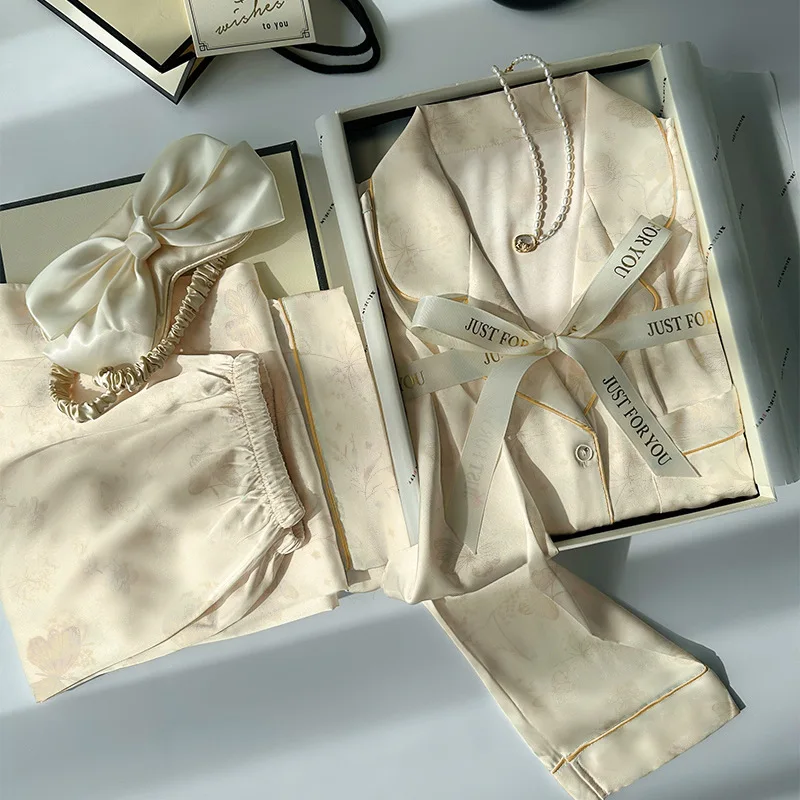 New Women's Butterfly Jacquard Luxury Light Ice Silk Fashion Pajamas, Long Sleeve and Long Pants Set, Spring and Autumn Home Wea