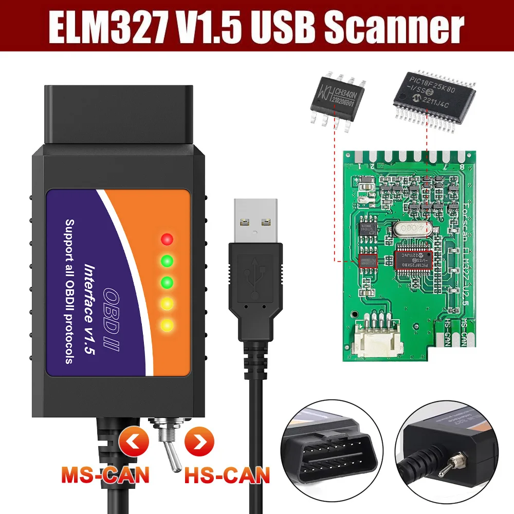 

ELM327 USB v1.5 Переключатель Автомобильный диагностический кабель obd2 СКАНЕР FORscan Поддержка большинства протоколов OBDII Чип HS-CAN и MS-CAN PIC18F25K80