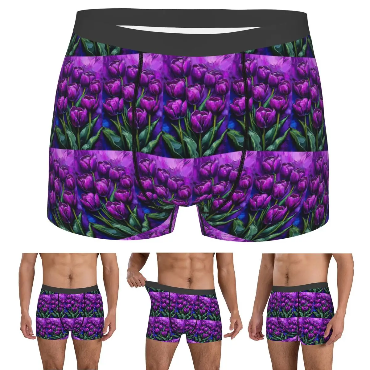 Boxer Underpants Shorts Purple Tulip Oil Painting Print Panties Male Soft Underwear for Homme Man Boyfriend Gifts
