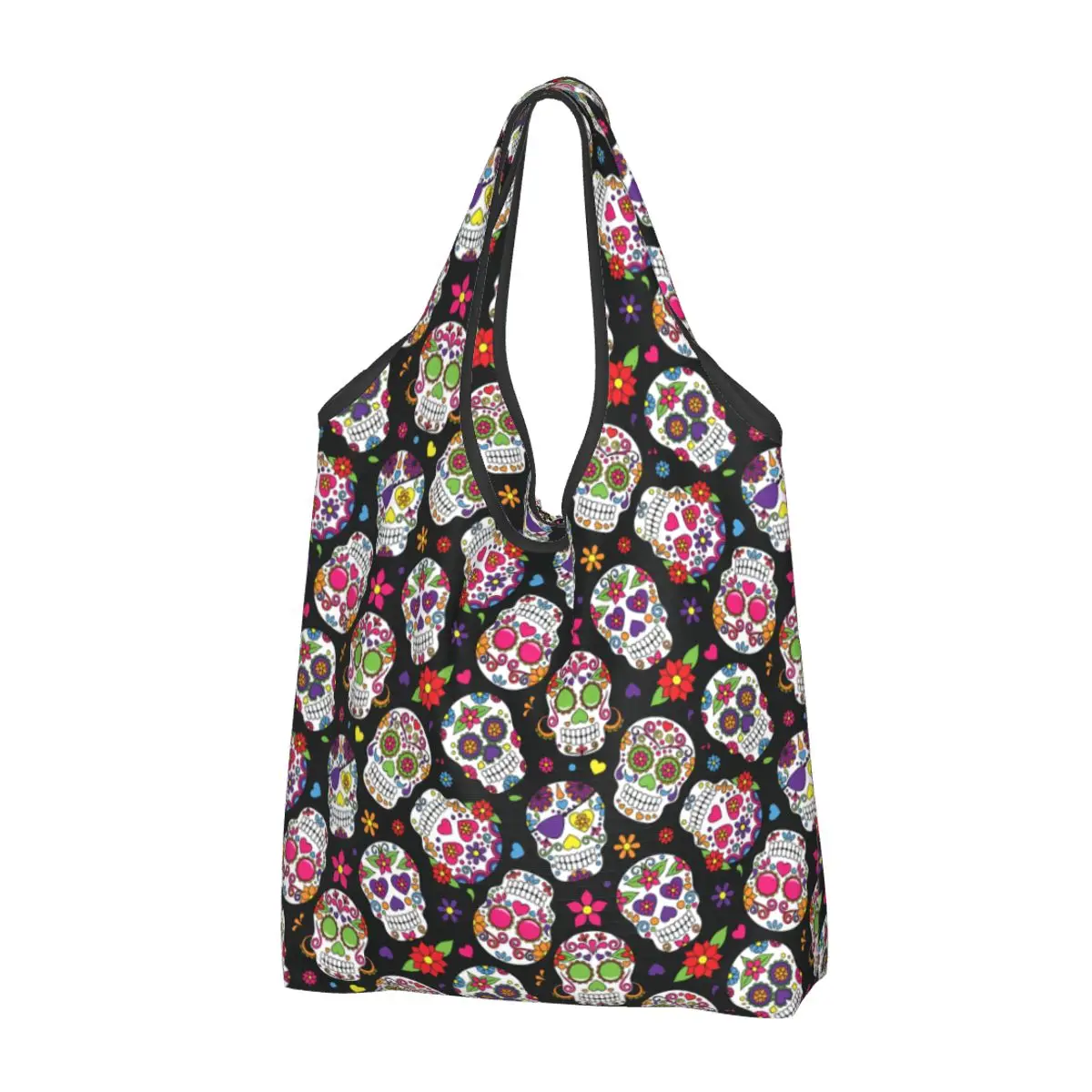 Mexican Day Of The Dead Sugar Skull Calavera Grocery Bag Durable Large Reusable Recycle Shopping Eco Bag Washable With Pouch