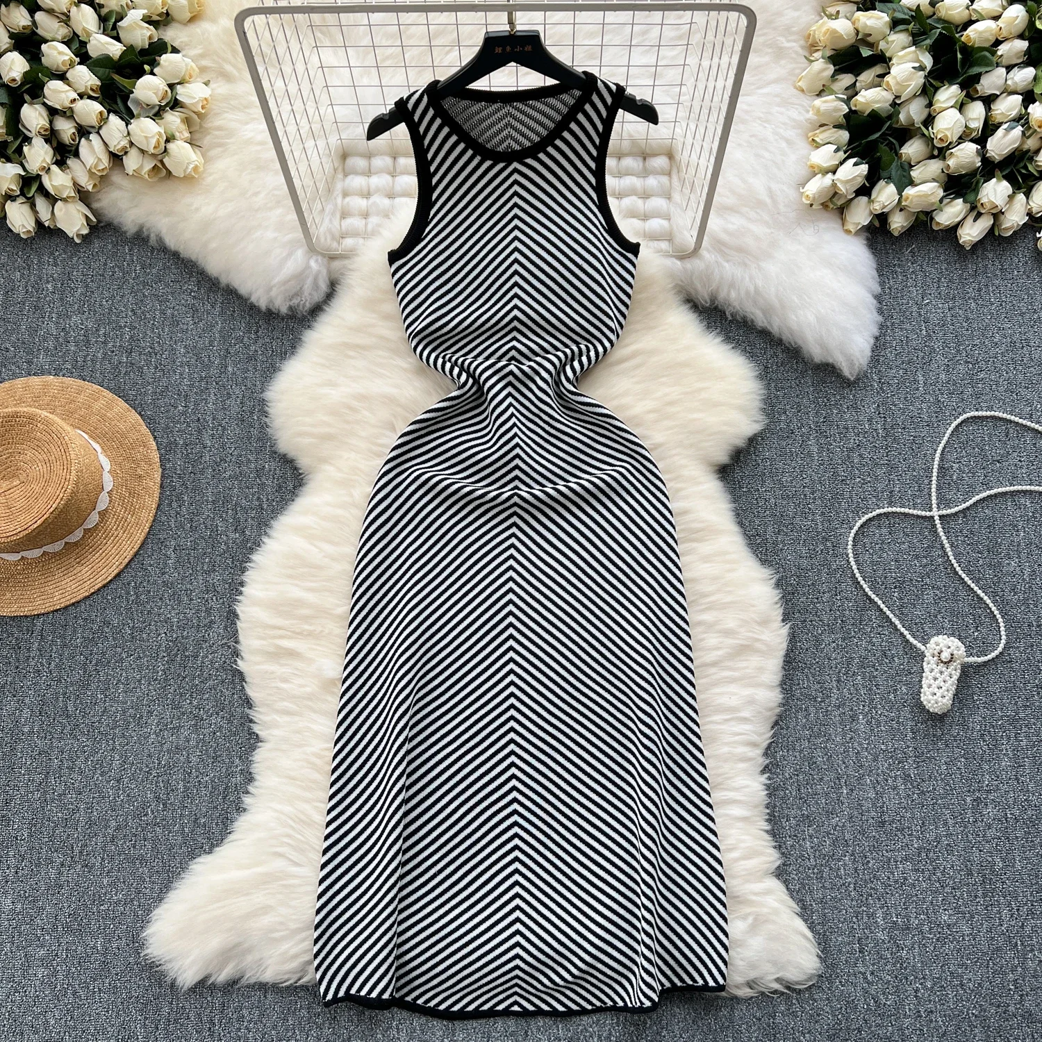 Summer Elastic Knit Bodycon Maxi Long Dress Women\'s Elegant Sleeveless O Neck Tank Dress Street Vacation Beach Casual Sundress