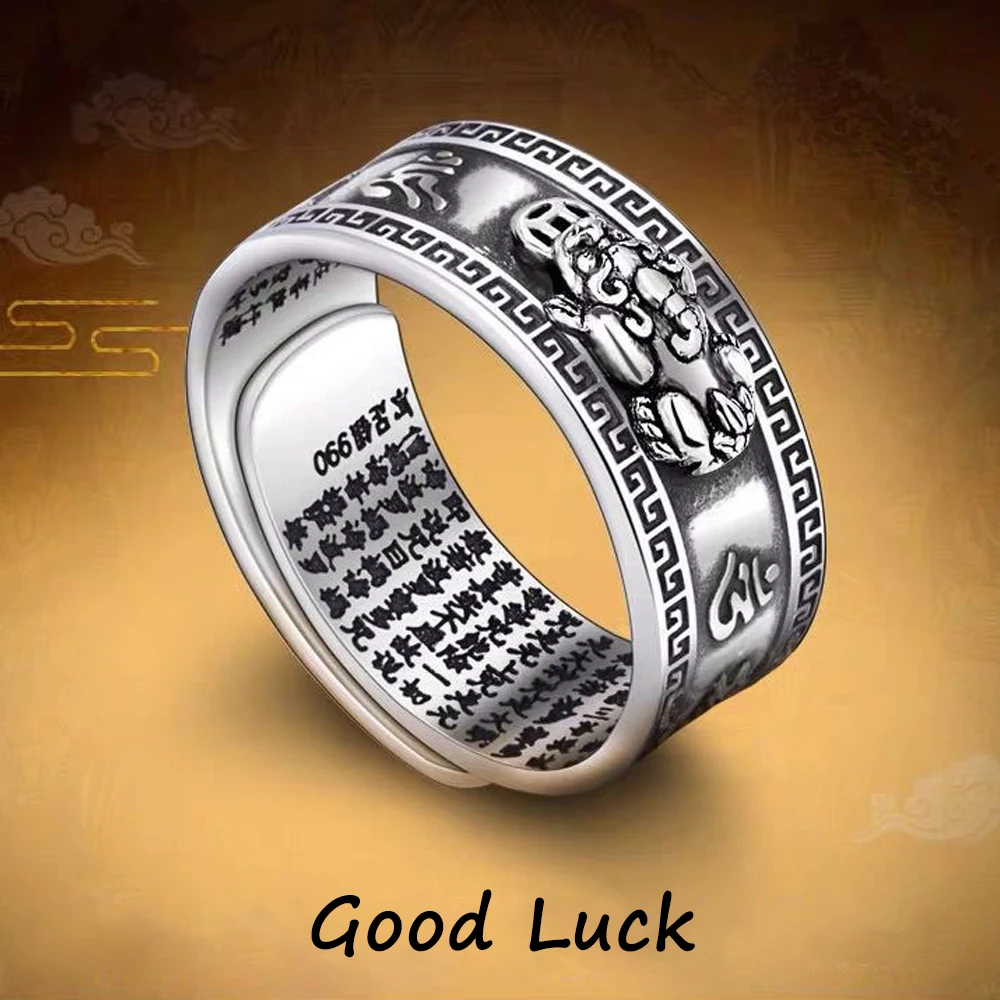 Feng Shui Pixiu Mantra Ring Buddhist Good Luck Amulet Mantra Double Protection Wealth Love Health Ring Gift For Men Women