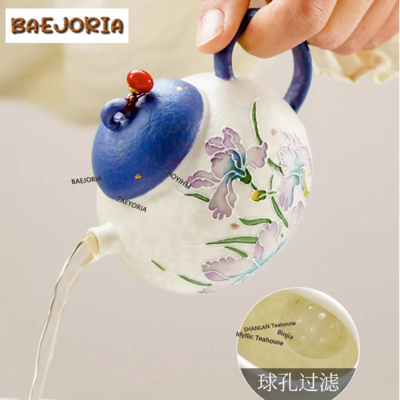 150ml Hand Painted Purple Iris Teapot Boutique Tea Infuser Pot Tea Brewing Kettle With Filter For Tea Accessories Collection