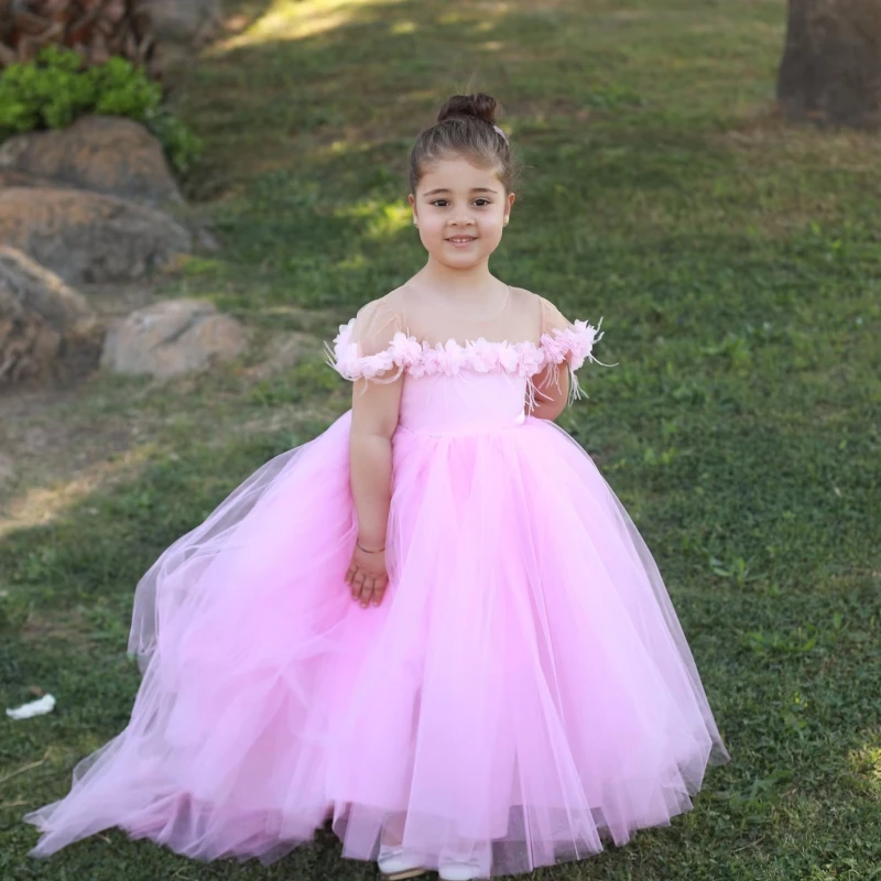 Pink Applique Flower Girl Dresses Tulle Puffy  Bow Sleeveless For Wedding Birthday Party First Communion Customize Gowns