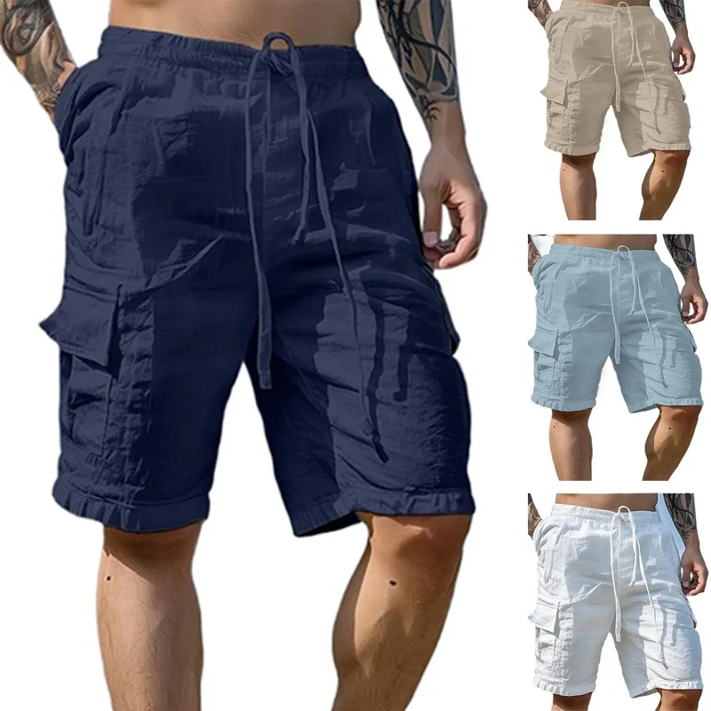 

Мужские хлопковые шорты, брюки, мужские летние дышащие однотонные короткие брюки с карманами, уличная одежда для фитнеса, S-3XL, 1 шт.