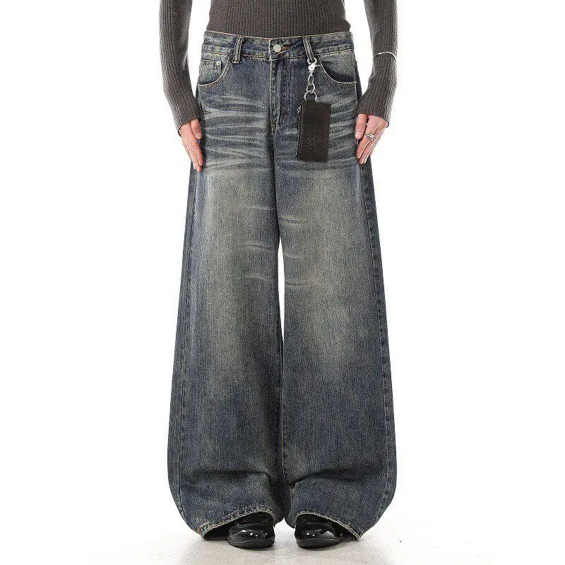 

Retro American Washed Blue Straight Leg Men's Jeans Loose Wide Leg Floor-Length Casual Trousers Comfortable Straight Fit
