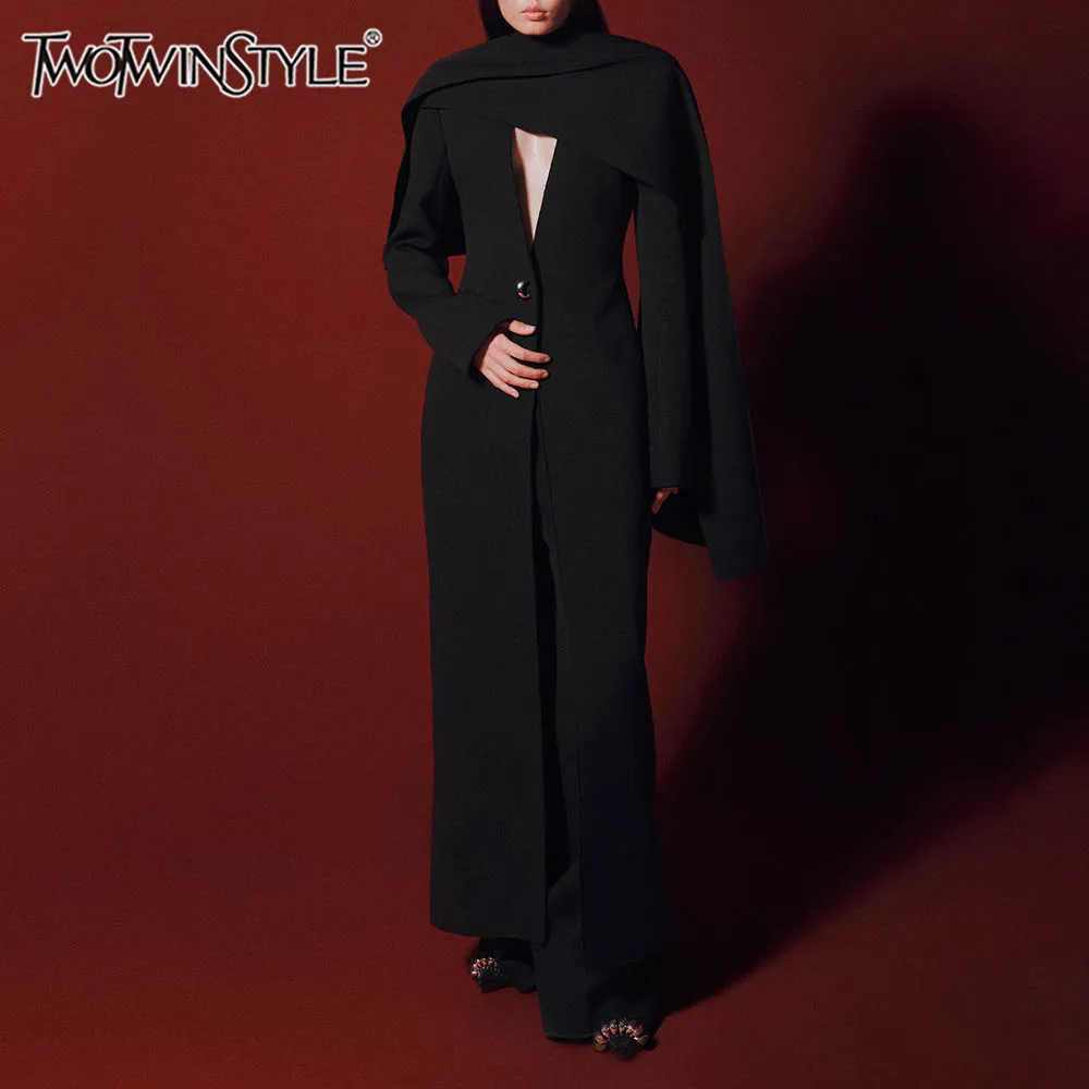 

TWOTWINSTYLE Solid Slimming Spliced Single Button Tunic Coat for Women Round Neck Long Sleeves Patchwork Shawl Top Female New