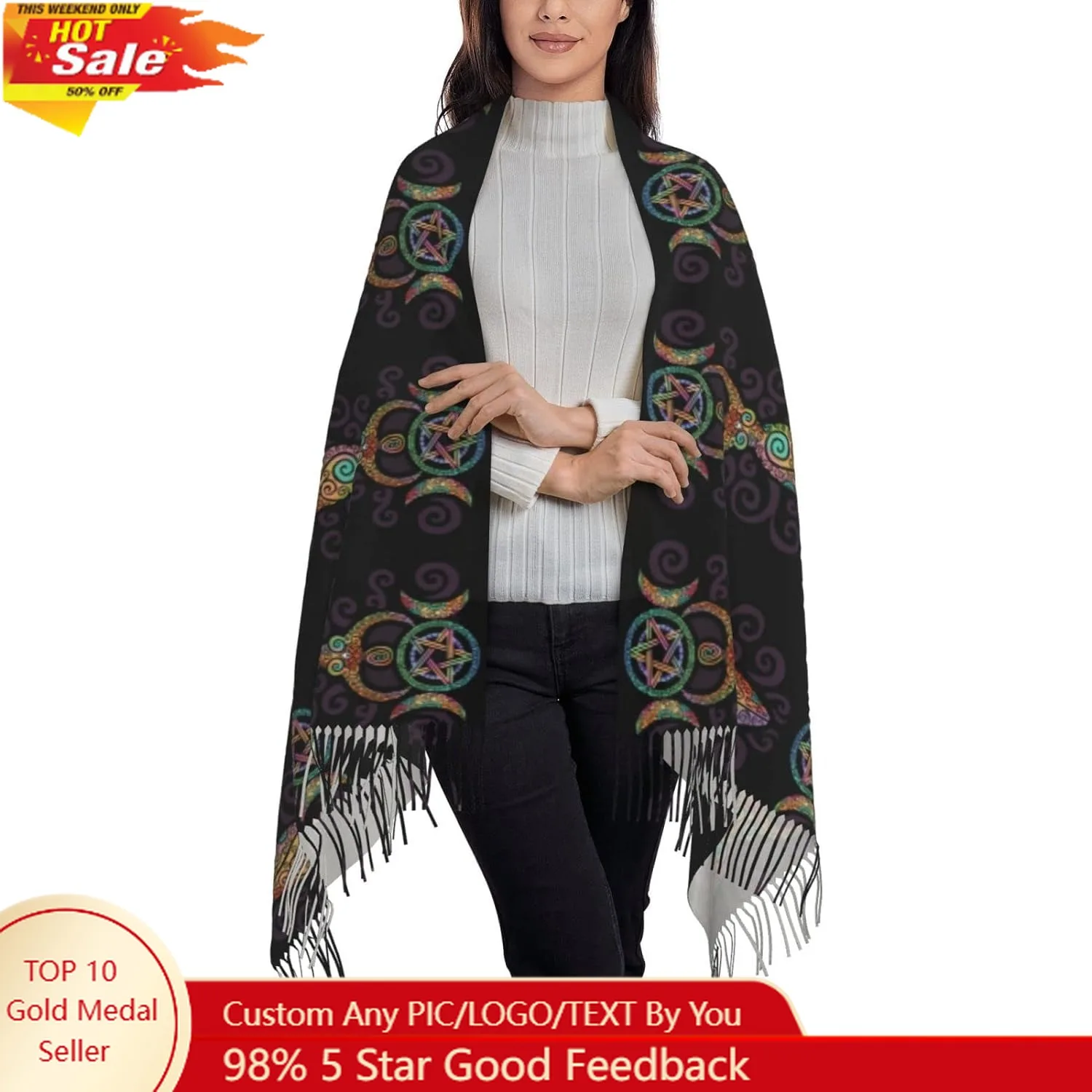 

Wicca Wiccan Triple Moon Gaia Pattern Scarf Long Shawl Wraps Pashmina for Women Girls with Tassels Soft Warm Cozy