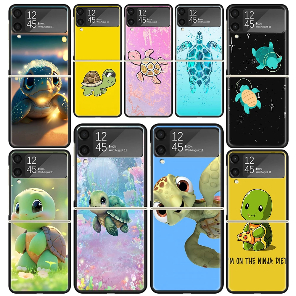 Cartoon Sea Turtle Tortoise For Samsung Galaxy Z Flip 6 5 4 3 5G Black Phone Case Flip6 Flip5 Flip4 Flip3 Cover Shockproof Hard