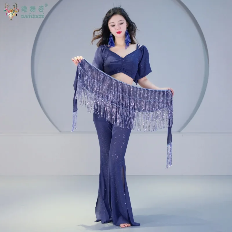 Tenue de danse du ventre à franges pour femmes, 3 pièces, Costume de danse orientale, équipe de base, strass scintillants, pantalons longs, haut en gaze, nouvelle collection