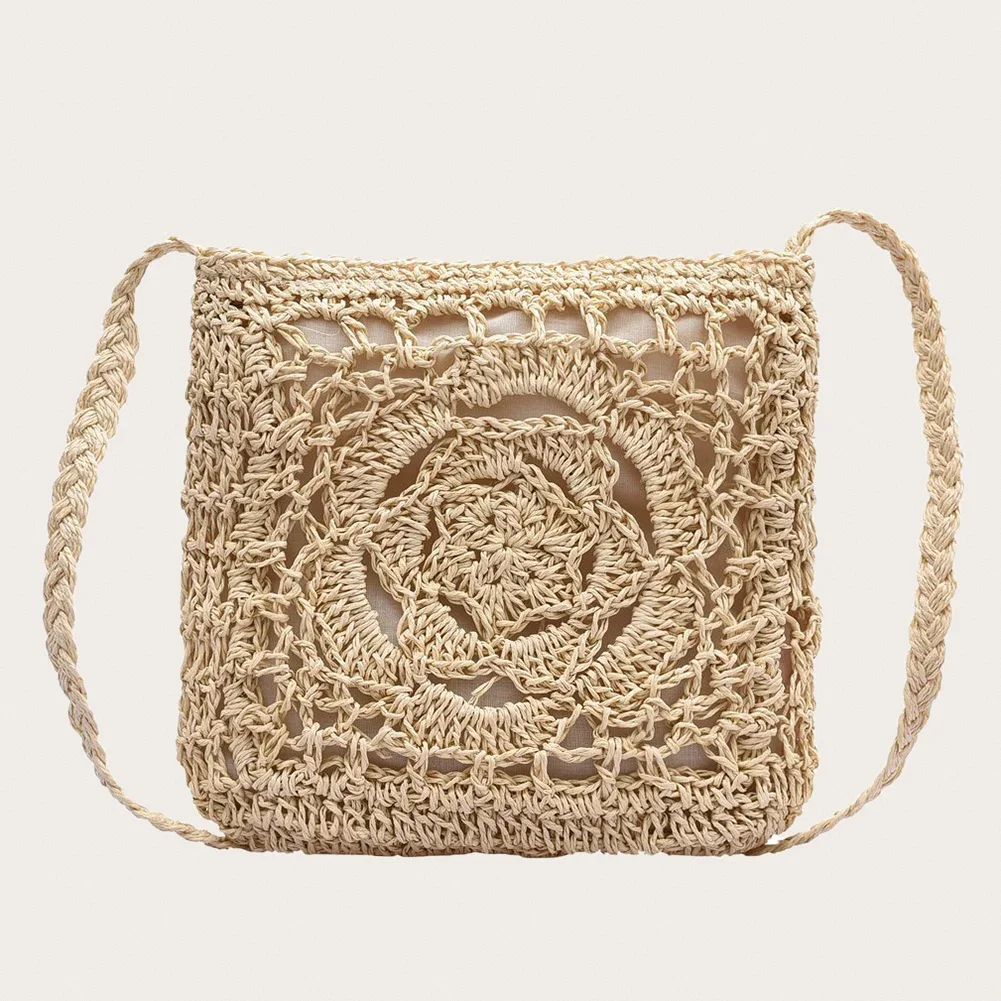 Damska torba na ramię ze słomy o dużej pojemności szydełkowa torba plażowa Hobo Solid Color Retro Straw Sling Bag Ladies Summer Daily Bag