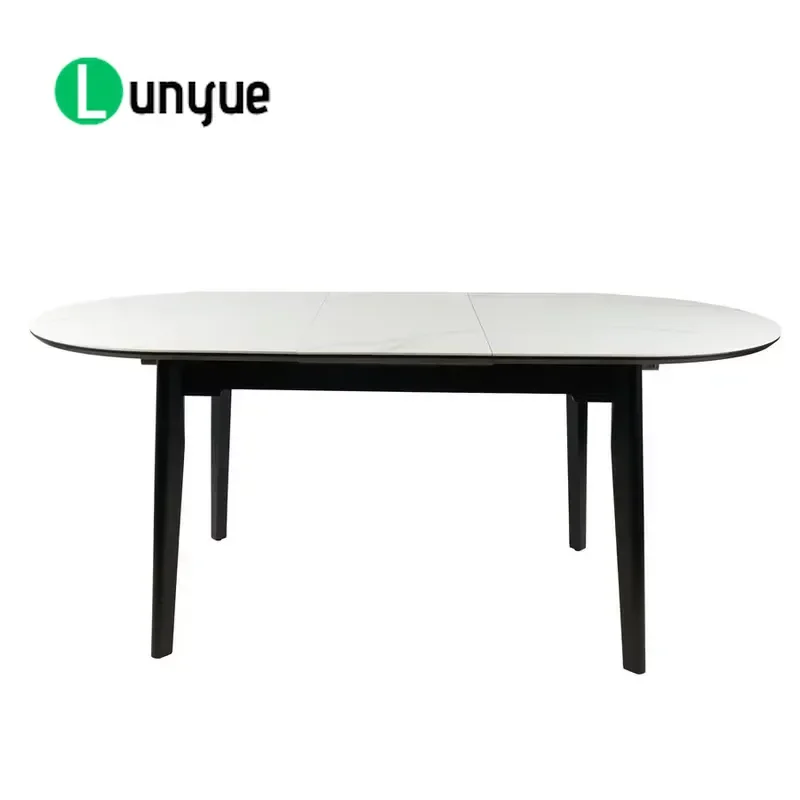 Modern Black Frame Retractable Metal Dining Table Durable Burnt Stone Top Space Saving For Small Families And Hotels