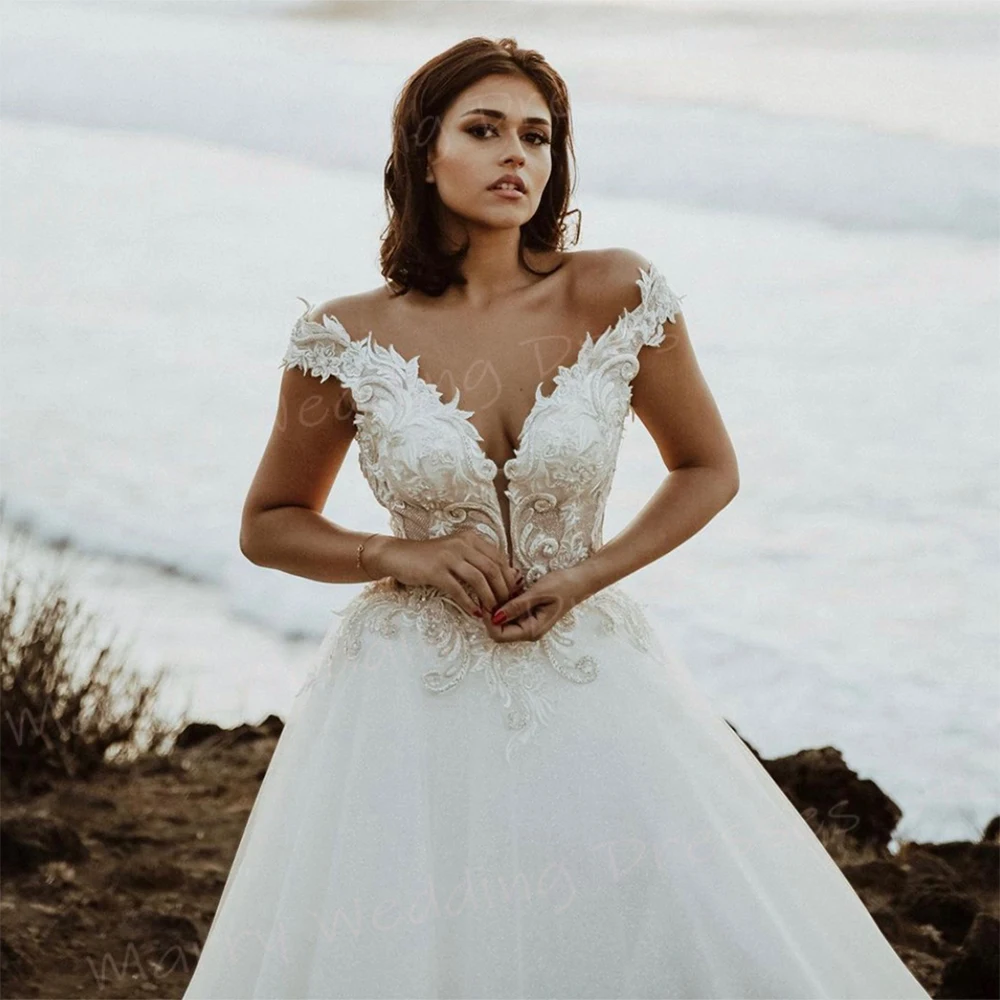 Vestidos de novia de línea A fascinantes para mujer, Vestidos de novia de encaje con apliques, Sexy, cuello en V, Espalda descubierta, sin mangas, novedad