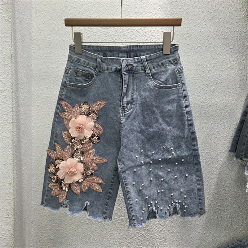 Summer Women's Beaded Embroidered Flowers Denim Shorts 2026 New Streetwear Retro High Waist Straight Shorts Lady Fashion Shorts