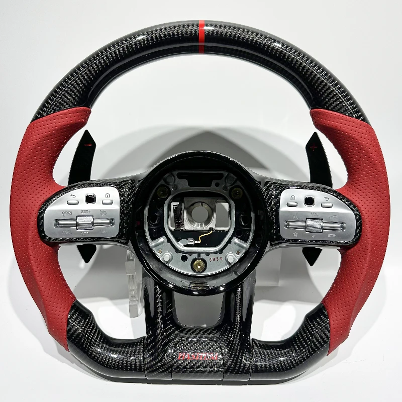 

Flat-bottomed sporty carbon fiber steering wheel suitable for Mercedes-Benz W809 C-Class, E-Class, A-Class, and B-Class.
