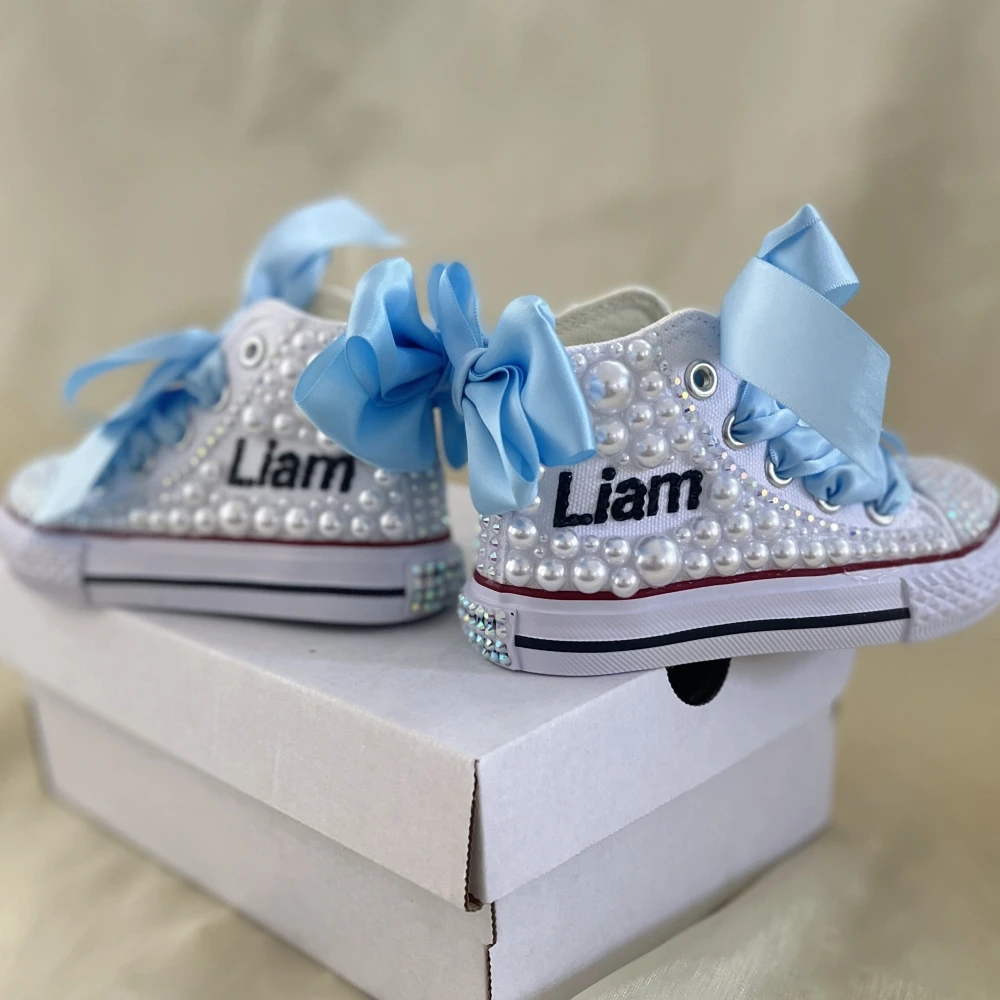 Name Custom Design Kids Shoes For Girl Communion Birthday Party Canvas Dollbling Handmade Bling Rainbow Pearls Sneakers