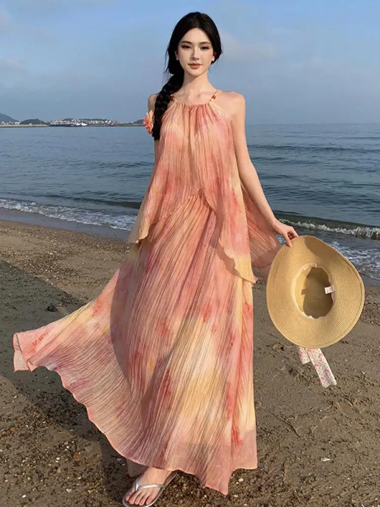 

Summer Women 2024 Vintage Orange Tie Dye Elegant Sleeveless Irregular Halter Lace-up Tops And High Waists Pleated Long Skirt Set