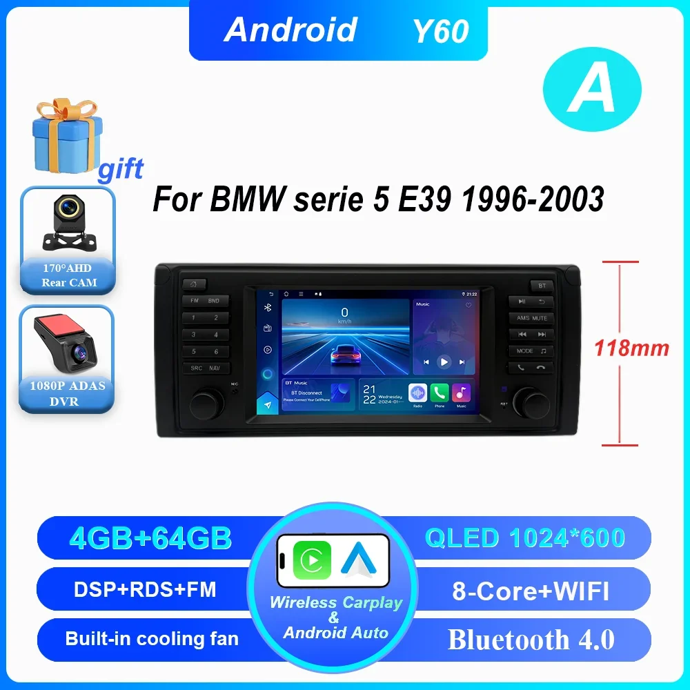 7 Inch Draadloze CarPlay Android Auto Radio Voor BMW 5 Serie E39 X5 E53 M5 1996-2003 Auto multimedia GPS 2din DVD Autoradio 4G DSP