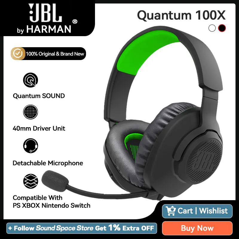 100% Original JBL Quantum 100P/100X Wired Gaming Headphones 40mm Driver Unit Headset Compatible With Windows Sonic Earphones