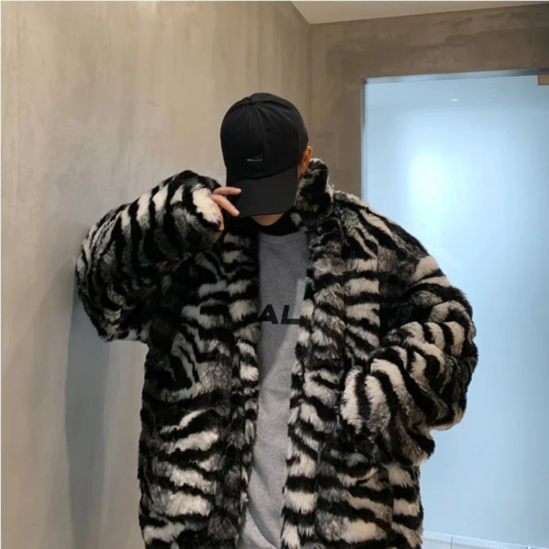 

New Tiger Leopard Print Padded Thickened Cotton Imitation Fur Men Hong Kong Style Retro Jacket Loose Cotton Clothing Tide