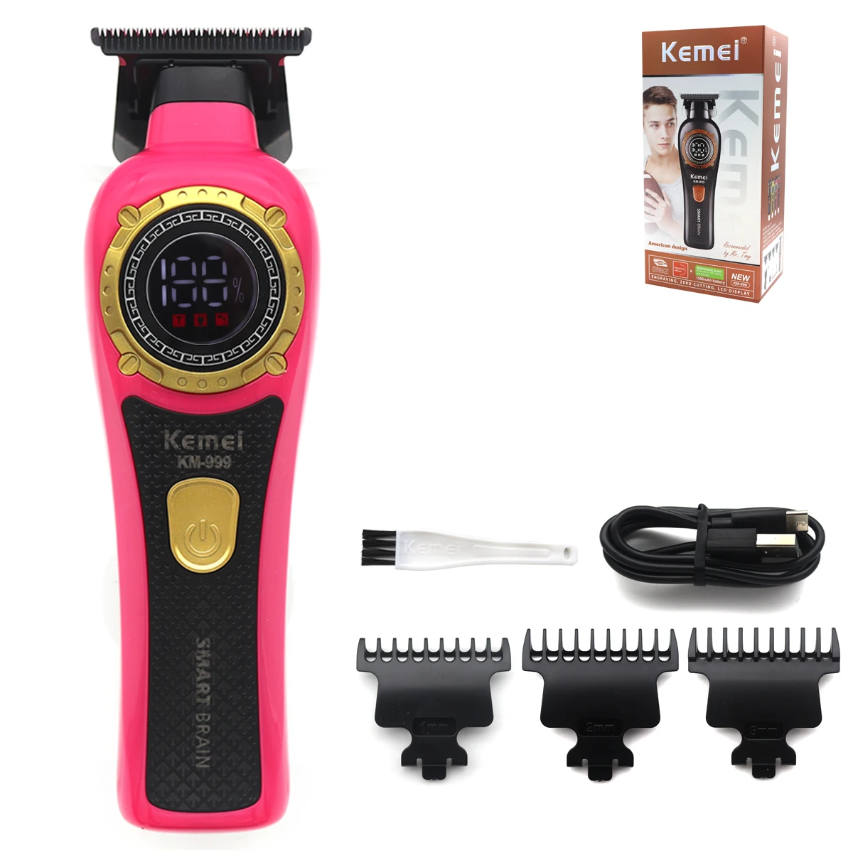 Kemei KM-999 Haarschneider für Männer, DLC T-Blade Zero Gapped LED-Anzeige, kabellose USB-Profi-Haarschneidemaschine, Finishing-Maschine