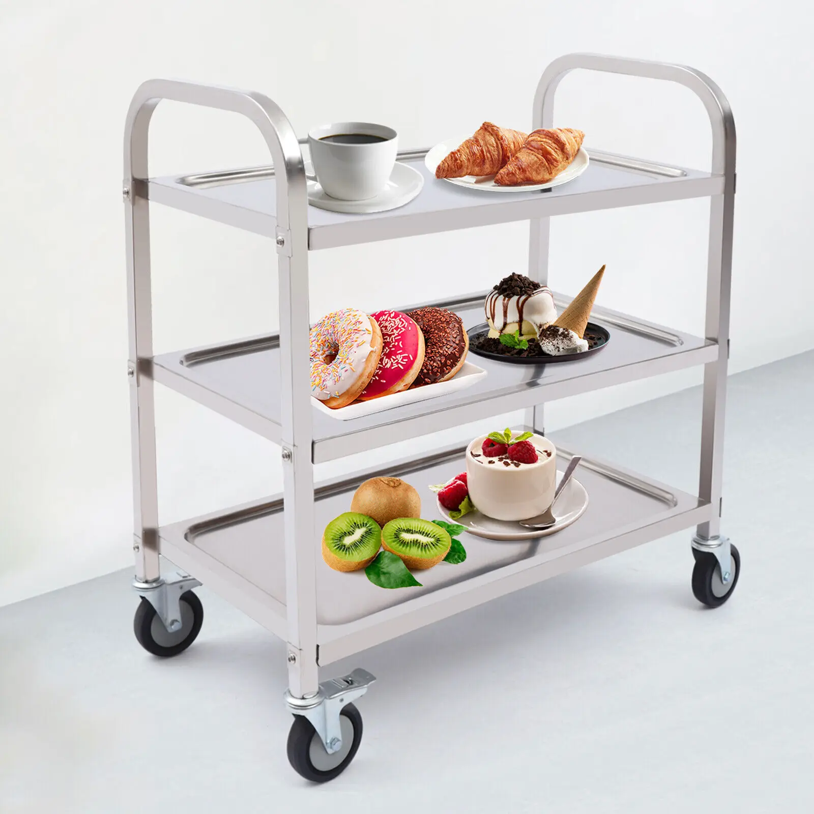 3 Floors Stainless Steel Serving Trolley Transport Cart  Kitchen Roller