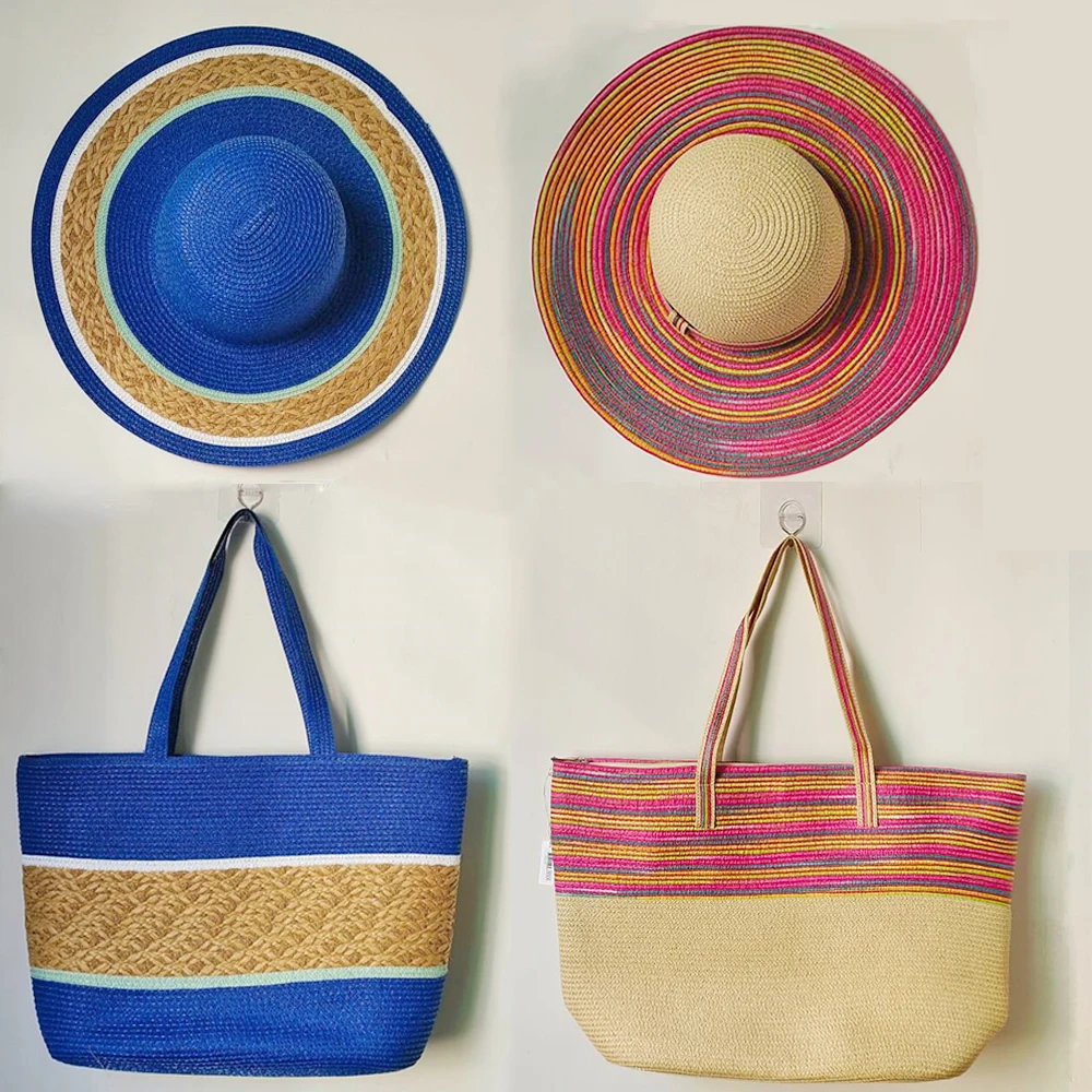 Colorful Striped Summer Straw Hat and Large Bag Set for Women's Beach Sun Hat UV Resistant Foldable Travel Panama Hat 2024