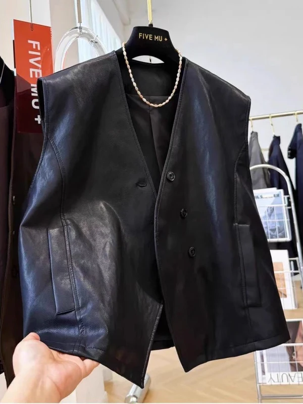 

Мужской кожаный жилет свободного кроя с V-образным вырезом, весенне-осенняя модная верхняя одежда для многослойных образов, трендовый молодежный повседневный стиль