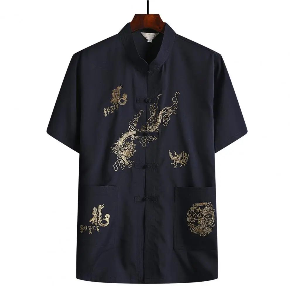 Men Tangs Suit Top Embroidery Dragon Short Slleve Men Shirt Solid Color Stand Collar Chinese Kung Fu Wing Chun Garment Shirt