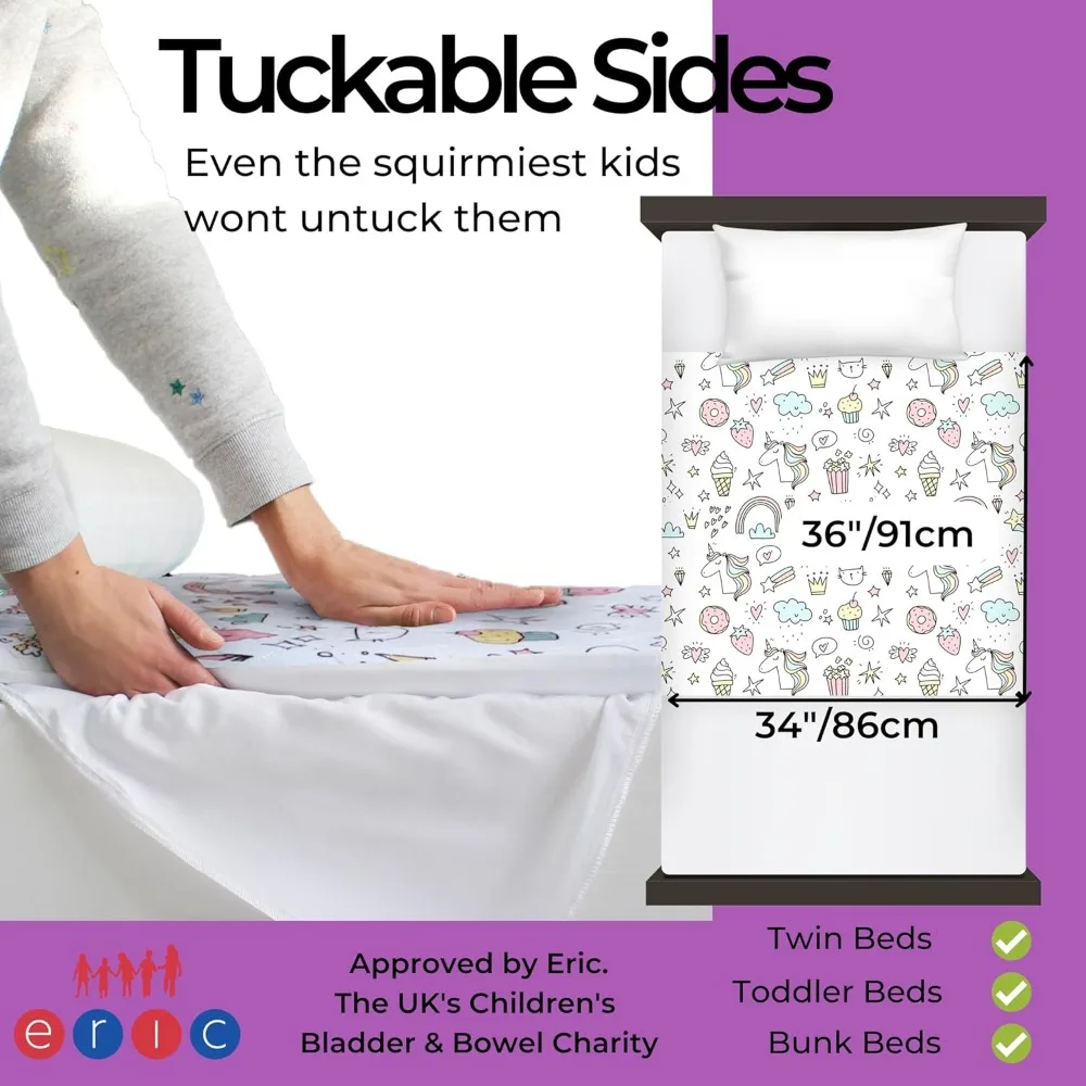 Kids Waterproof Bed Wetting Pads, 2-Pack Non-Slip Mattress Protector for Twin Beds, Washable Unicorn Design