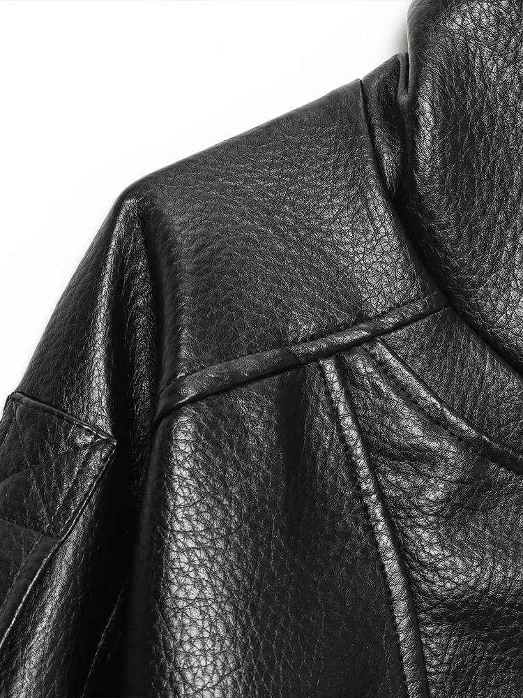 Chaqueta de cuero con doble cuello y cinturón de color sólido con temperamento versátil a la moda para mujer de estilo europeo