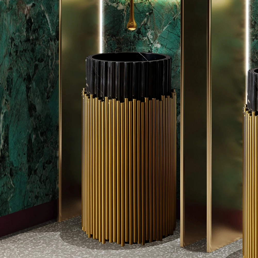 Contemporary Customized Gold Stainless Steel Pedestal And Black Marble Wash Basin Freestanding Bathroom Wash Basin Pedestal Sink