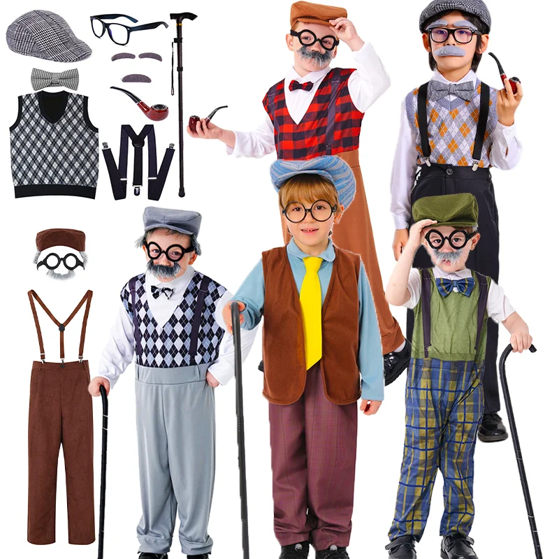 

Unisex Old Man Grandpa Costume Set Retro 1920s Style Dress Up Outfit 100 Days of School Halloween Cosplay for 3-12 Years